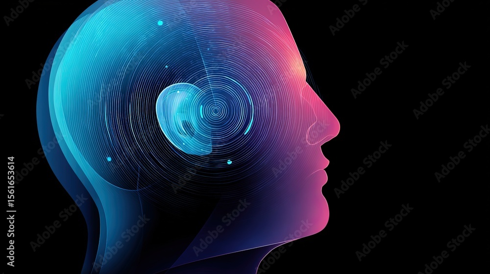 Poster futuristic digital illustration of a human head with glowing brain and neural network visualization.