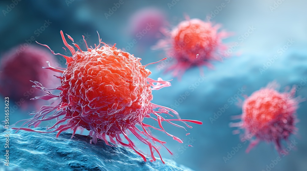 Poster highly detailed microscopic view of multiple cancer cells with intricate surface structures.