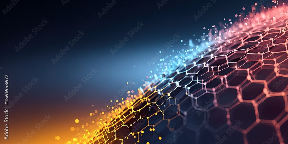 Poster Futuristic digital technology network with glowing hexagonal patterns and vibrant light effects.