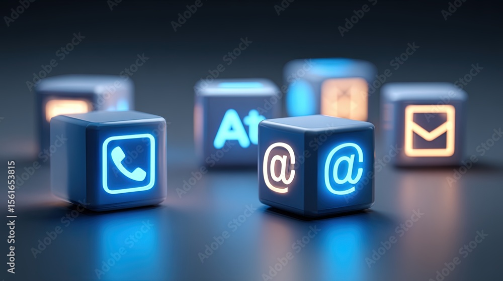 Aufkleber close-up of illuminated communication and technology icons on futuristic cubes surface.
