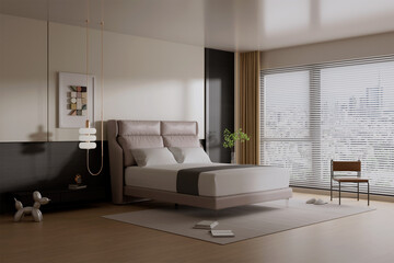 3D render of a modern minimalist bedroom with soft lighting, sleek furniture, and a large window with city view and blinds