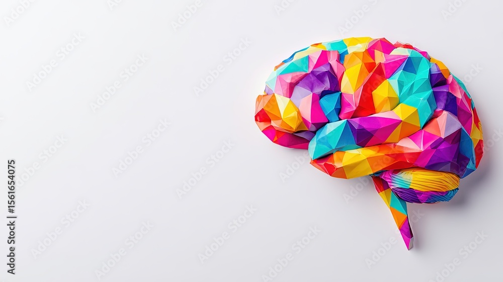 Poster colorful geometric abstract brain sculpture with vibrant faceted polygons on white background.