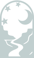 Minimalist river nightscape with moon and stars in icy palette – Design illustration for decoration, wall decor, wallpaper, cover, banner.