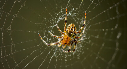 Close-up of Spider on Intricate Web with Dark Background