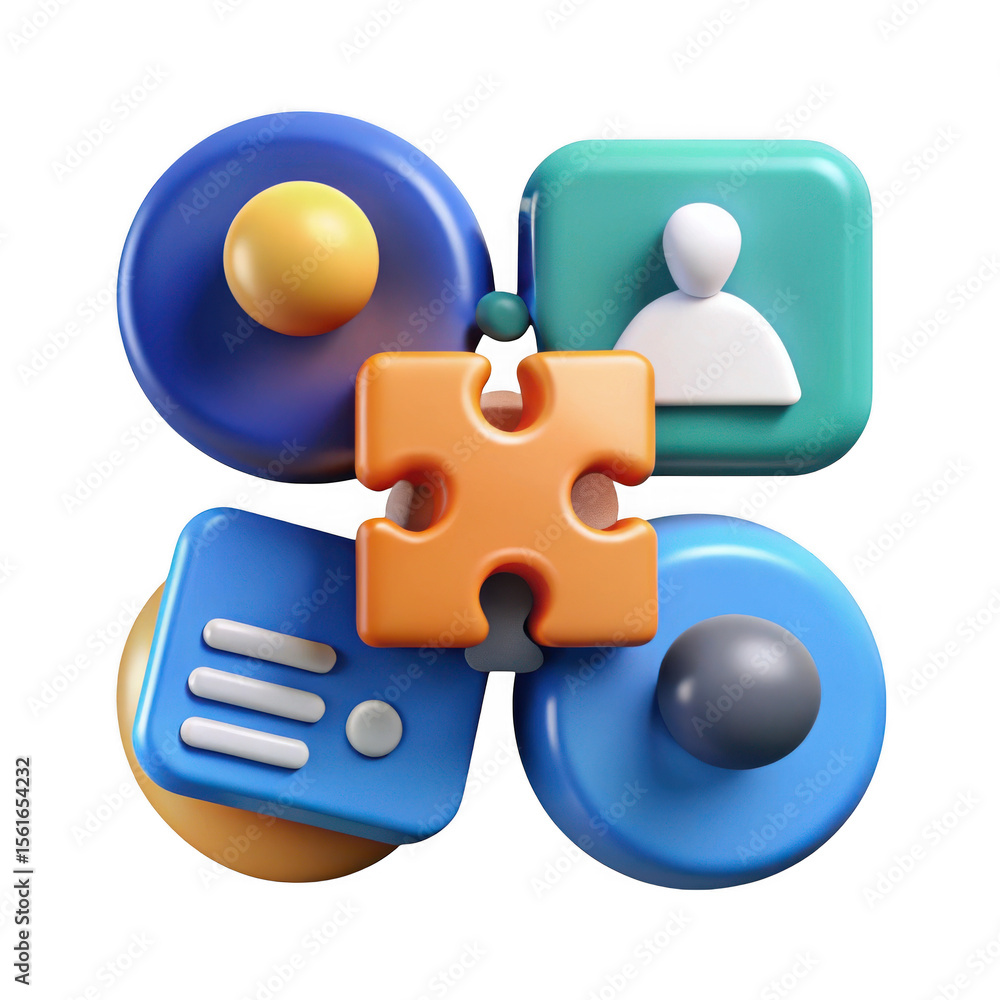 Poster 3d render of colorful puzzle piece with app icons isolated on transparent background