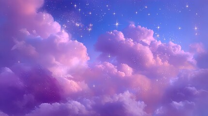 Naklejka na ściany i meble Colorful sky with pink and purple clouds illuminated by stars and dreamy atmosphere.