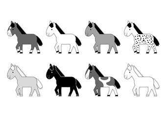 かわいい馬の品種のイラストセット（白黒）