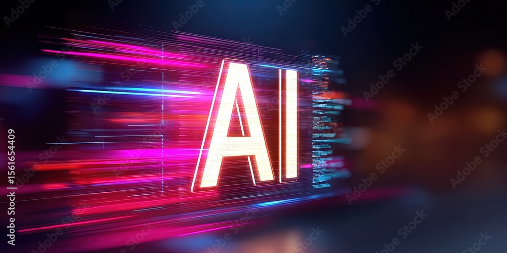 Poster Futuristic artificial intelligence concept with glowing neon AI letters and digital data streaks in dark background.