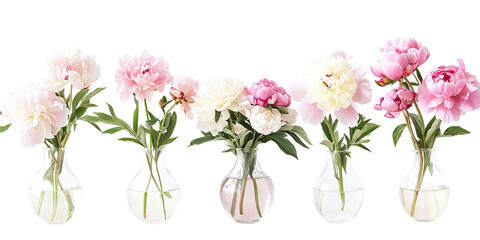 Obraz premium Pink and white peonies in clear glass vases