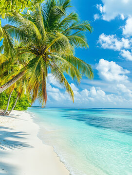 Palm trees casting shadows on idyllic white sand beach in tropical paradise