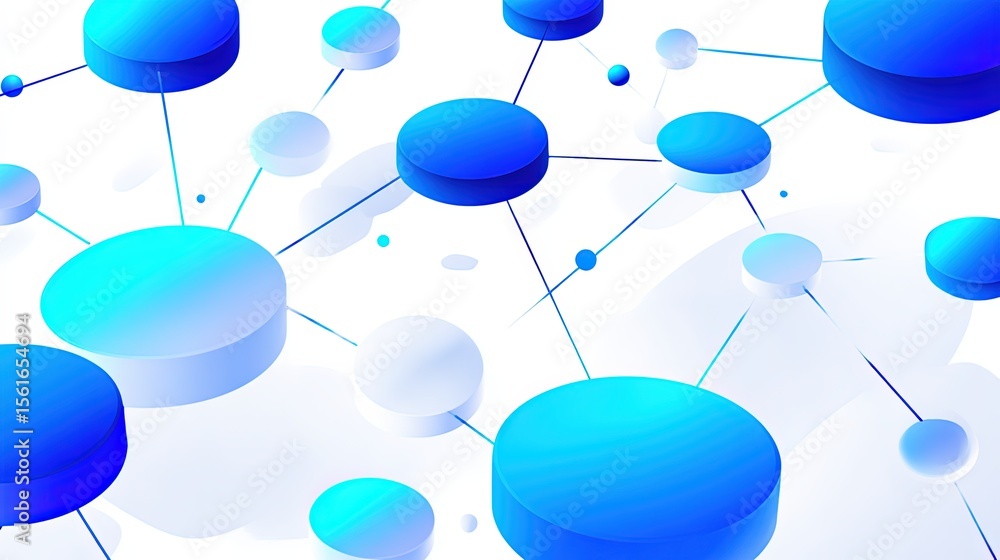 Poster abstract connected circles in blue and white colors representing network technology.