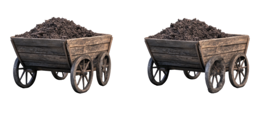 Two wooden farm carts filled with dirt