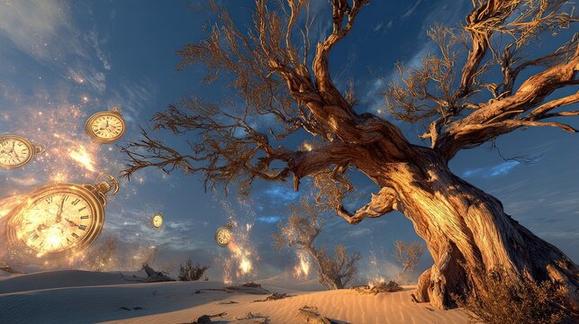 Large ancient gnarled tree in a surreal landscape with floating clocks and glowing orbs at sunset. - Powered by Adobe