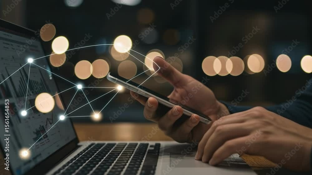 Aufkleber a person uses a laptop and phone to analyze data and network connections in a business setting