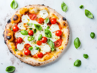 Delicious neapolitan pizza with fresh tomatoes, mozzarella, and basil leaves