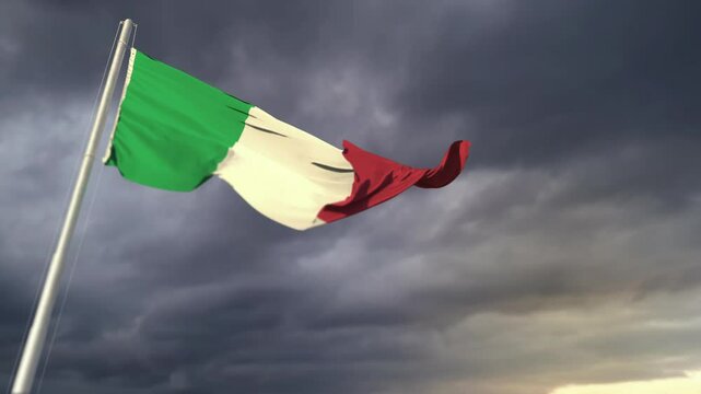 Italy flag waving on heavy sunset clouds at windstorm forecast backdrop