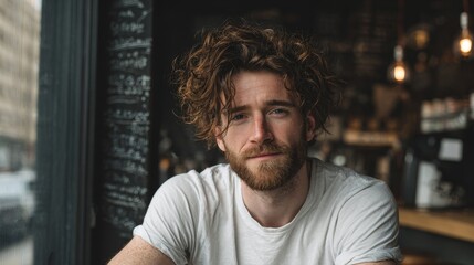 Obraz premium Young French philosophy hipster leaning against coffee shop counter wearing blank white t-shirt mockup facing camera, casual style with modern urban café background and relaxed vibe