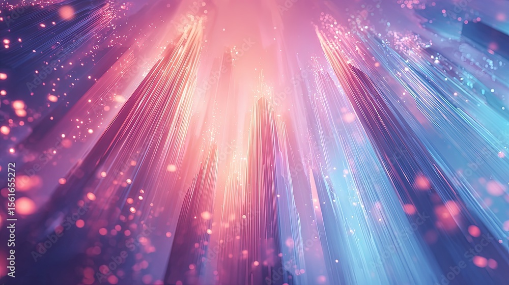 Poster Vibrant Light Rays and Sparkling Particles Creating Bright Dynamic Abstract Background.