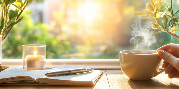 morning coffee by the window with sunlight and book