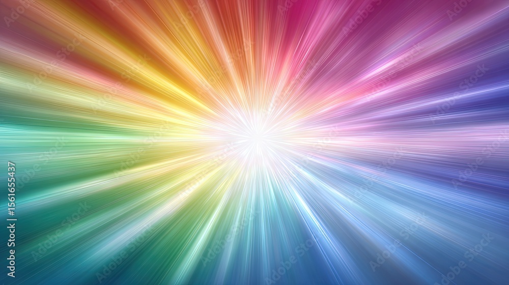 Poster vibrant multicolored light burst explosion with dynamic energetic rays and glow.