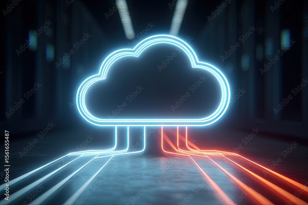Poster pink neon cloud icon with connecting lines glowing in a dark futuristic digital background.