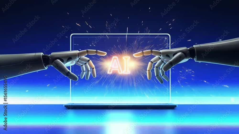 Poster two robotic hands reach towards a glowing ai on a laptop screen, symbolizing the connection of artif