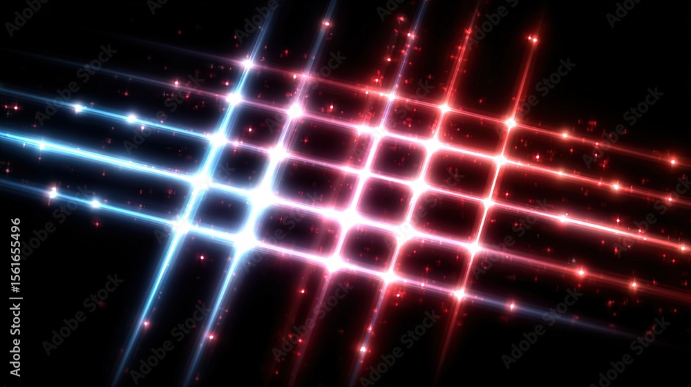 Aufkleber Dynamic abstract glowing grid with neon light lines in vibrant red and blue shades.