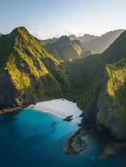Obraz premium Hidden beach surrounded by lush green mountains at sunset in tropical island paradise