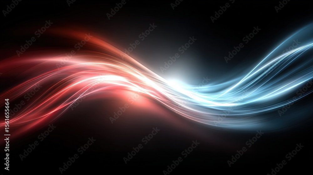 Poster abstract flowing light waves in vibrant red and blue color on dark background.