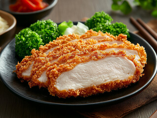 Panko breaded chicken breast cutlets being served with broccoli and dipping sauce