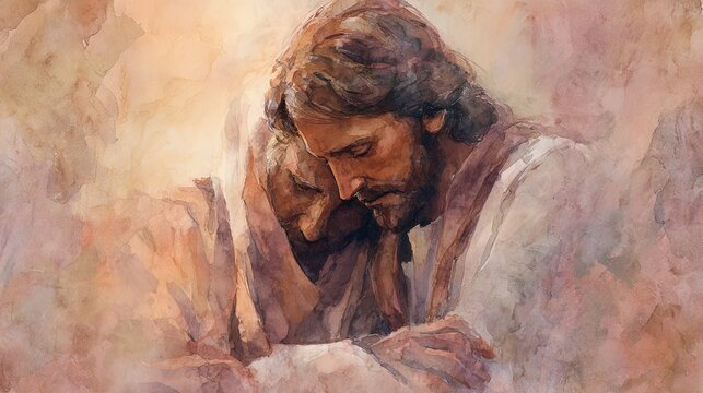 Artistic depiction of Jesus Christ praying in distress with detailed watercolor style.