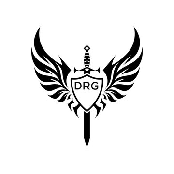 DRG "Warrior Shield and Sword Emblem with Wings Logo," DRG Later Logo, "Black Tribal Winged Sword Crest Vector," "Heraldic Emblem with Wings, Sword, and Shield,"
