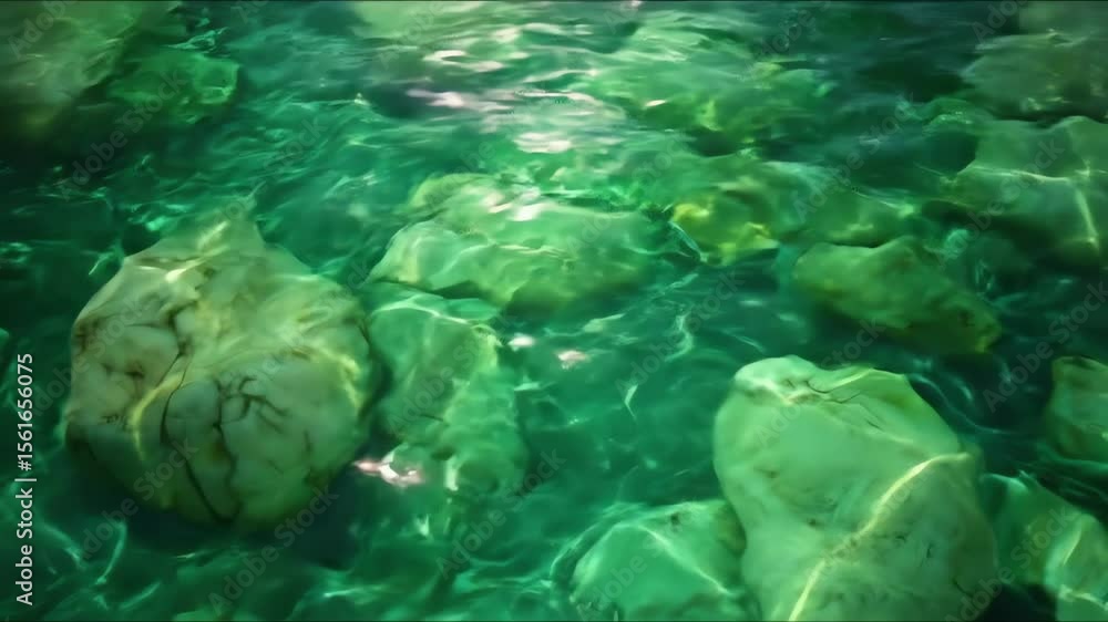 Poster clear green water flowing over submerged rocks reflecting light with intricate patterns