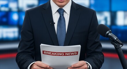Breaking News Announcement: A Newscaster in a Dark Suit Reads Urgent Report