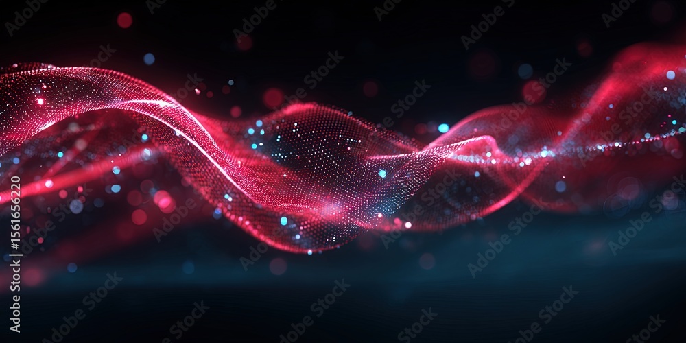 Poster Dynamic glowing red wave with sparkling particles illustrating motion and energy.