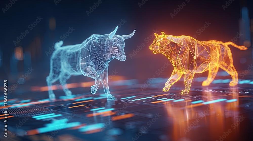 Aufkleber futuristic digital bulls in glowing wireframe design facing each other in digital trading environmen