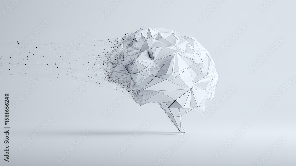 Aufkleber abstract digital low poly brain with dispersing particles on white background.