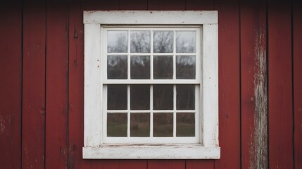 Fototapeta premium Rustic Red Barn Window with White Frame Paneled Glass