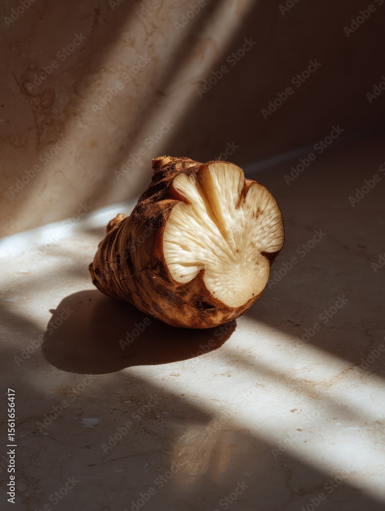 Poster artistic still life composition capturing a unique textured object bathed in directional light