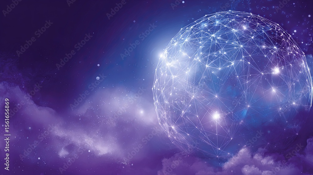Poster Futuristic glowing digital globe with interconnected network points in a cosmic background.