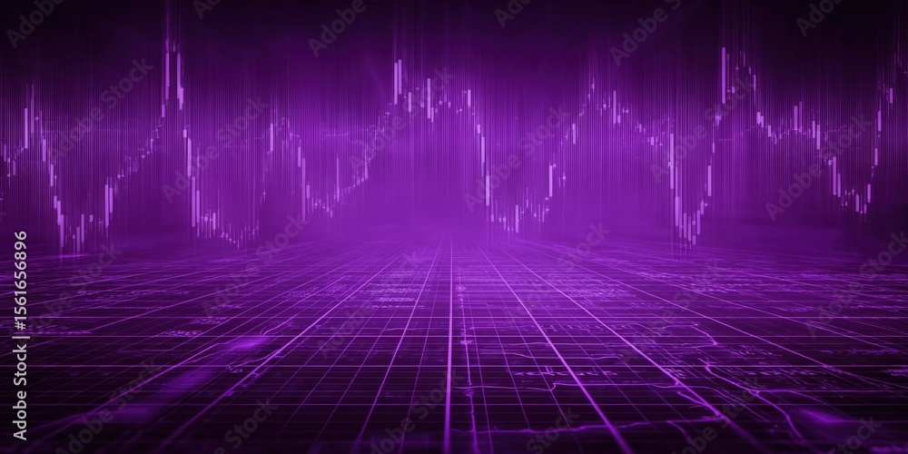 Poster futuristic digital landscape with glowing purple data streams and grid visuals.