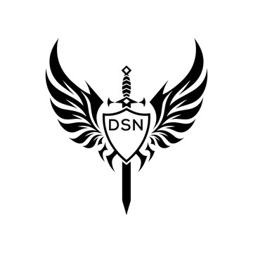DSN "Warrior Shield and Sword Emblem with Wings Logo," DSN Later Logo, "Black Tribal Winged Sword Crest Vector," "Heraldic Emblem with Wings, Sword, and Shield,"
