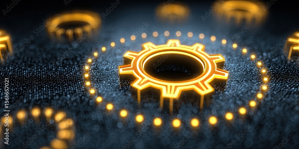 Poster close-up of a glowing orange gear symbol with digital circuit background and futuristic vibe.