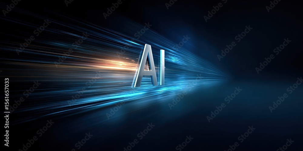 Poster Futuristic digital concept with glowing AI text and dynamic motion effects in a dark background.