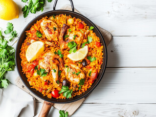 Chicken paella with saffron, vegetables, and lemon wedges cooking in a pan