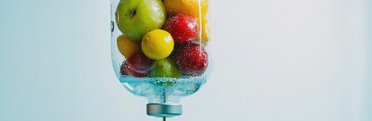 A clear IV bag filled with assorted fresh fruits