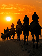 Camel caravan crossing desert dunes at sunset