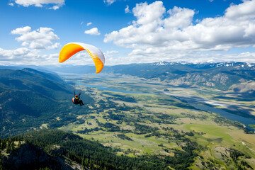 paragliding over scenic mountain valley with blue sky and clouds