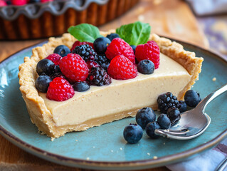 Delicious homemade tart with pastry cream, raspberries, and blueberries, garnished with fresh mint