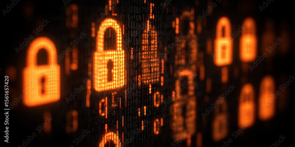 Poster Digital Security Concept With Multiple Bright Orange Lock Icons And Data Code.